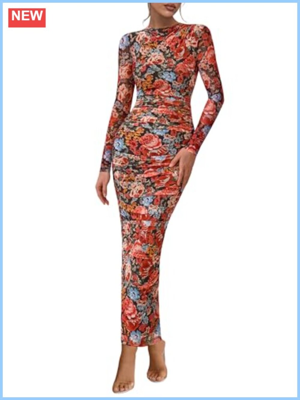 Long Sleeve Maxi Dress Mock Neck Ruched Bodycon Back Slit Formal Wedding Guest